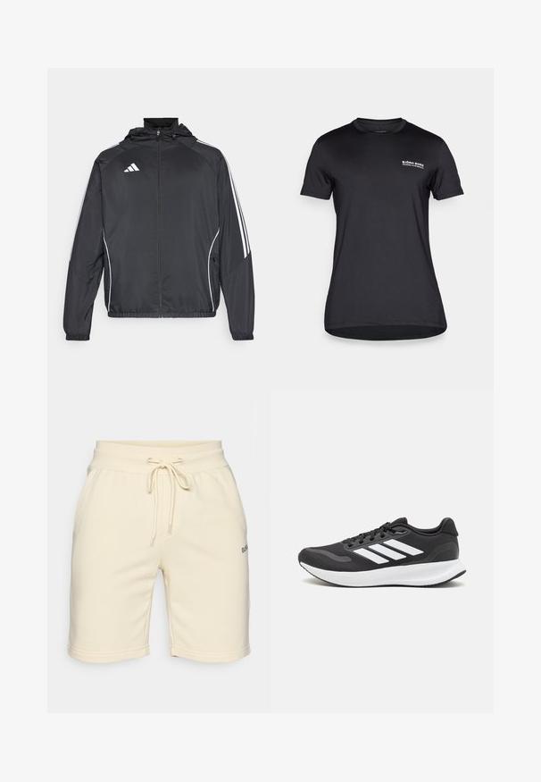 Chaqueta atlética negra con capucha, con rayas blancas a lo largo de las mangas y un cierre frontal con cremallera. Hecha de un tejido suave y ligero.; Camiseta negra de manga corta hecha de tela suave, con cuello redondo y un pequeño logo blanco en la parte izquierda del pecho.; Pantalones cortos de algodón color crema con cinturilla elástica, cordón de ajuste, bolsillos laterales y pequeño logo bordado en el dobladillo izquierdo.; Zapatilla deportiva negra con parte superior de malla transpirable, acentos en blanco y una suela acolchada. Presenta el logo de tres rayas en el costado.