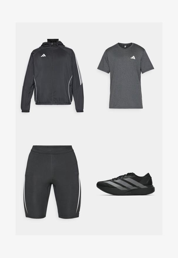 Čierna športová bunda s kapucňou, ktorá má biele pruhy pozdĺž rukávov a zips v prednej časti. Vyrobená z hladkej, ľahkej tkaniny.; Tmavošedé športové tričko vyrobené z priedušnej látky, s krátkymi rukávmi a bielym logom na ľavej hrudi. Textúrovaný povrch.; Čierne atletické šortky s bielymi bočnými pruhmi, vyrobené z elastického materiálu, s vysokým pásom a priliehavým strihom pre maximálne pohodlie.; Čierne športové topánky s ľahkým dizajnom, obsahujúce tri výrazné šedé pruhy, hladkú textúru a kontúrovanú podrážku.