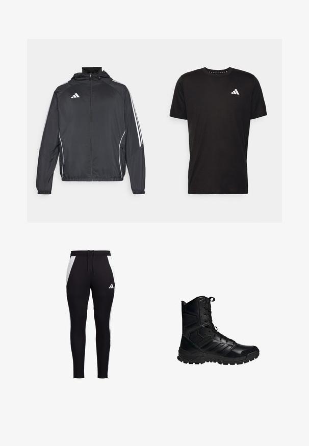 Schwarze Sportjacke mit Kapuze, ausgestattet mit weißen Streifen an den Ärmeln und einem Reißverschluss vorne. Hergestellt aus einem glatten, leichten Stoff.; Schwarzes Baumwoll-T-Shirt mit kurzen Ärmeln, Rundhalsausschnitt und einem weißen Logo auf der linken Brust. Glatte Textur und einfaches Design.; Schwarze Sporthosen mit weißen Seiteneinsätzen, schlanker Schnitt, elastischer Bund mit Kordelzug und einem kleinen weißen Logo am unteren linken Bein.; Schwarzer taktischer Stiefel mit einer Kombination aus Leder und synthetischen Materialien, ausgestattet mit Schnürverschluss, gepolstertem Kragen und robustem Sohlenprofil.