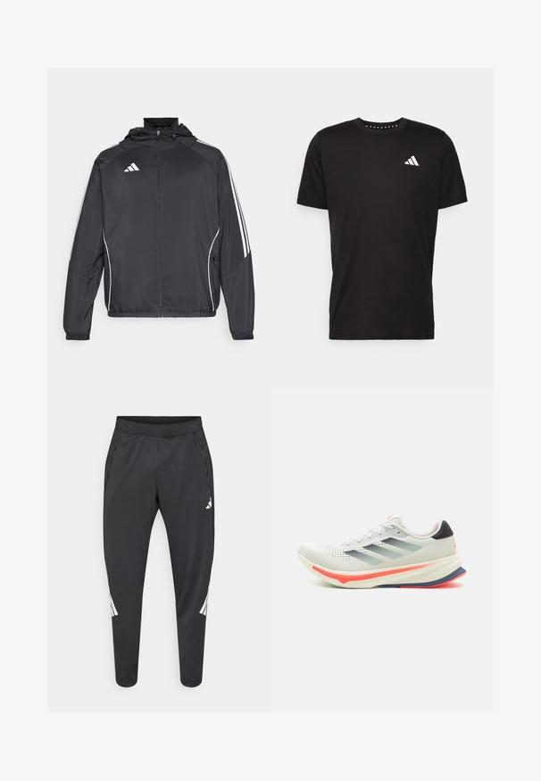 Black athletic jacket with a hood, featuring white stripes along the sleeves and a zippered front. Made from a smooth, lightweight fabric.; Black cotton t-shirt with short sleeves, crew neckline, and a white logo on the left chest. Smooth texture and simple design.; Black athletic pants with tapered legs, elastic waistband, side pockets, and white logo and stripes detailing. Made from a smooth, lightweight material.; adidas Performance SUPERNOVA RISE - Road running shoes - crystal jade/carbon/solar red