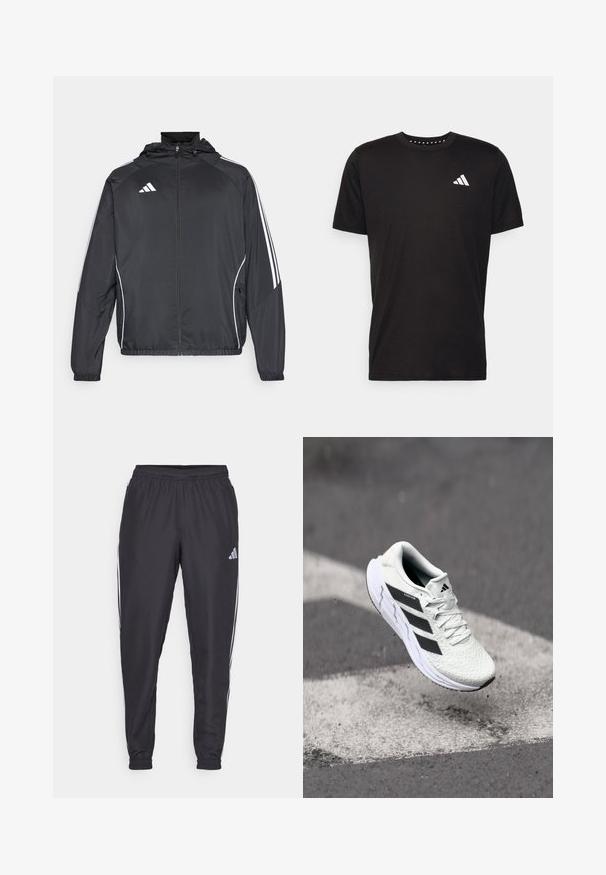 Giacca atletica nera con cappuccio, caratterizzata da strisce bianche lungo le maniche e chiusura con zip frontale. Realizzata in un tessuto liscio e leggero.; T-shirt in cotone nero con maniche corte, scollo rotondo e logo bianco sul lato sinistro del petto. Texture liscia e design semplice.; Pantaloni sportivi neri con cintura elastica, dotati di strisce bianche lungo i lati e un piccolo logo sull'anca. Tessuto liscio.; Scarpa sportiva bianca con tomaia in rete testurizzata, strisce nere, chiusura con lacci e suola ammortizzata, che levita sopra una superficie stradale segnata.