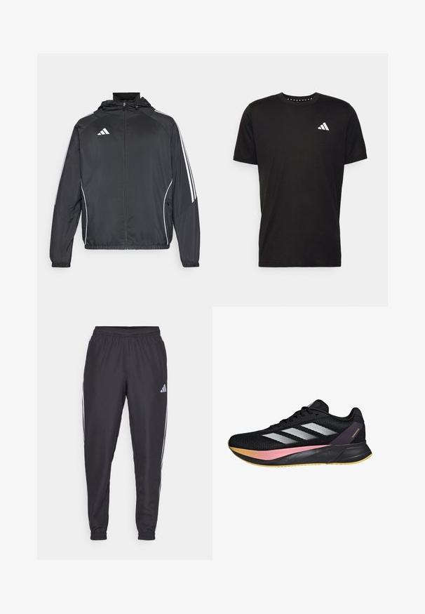 Chaqueta atlética negra con capucha, con rayas blancas a lo largo de las mangas y un cierre frontal con cremallera. Hecha de un tejido suave y ligero.; Camiseta de algodón negra con mangas cortas, cuello redondo y un logo blanco en el lado izquierdo del pecho. Textura suave y diseño sencillo.; Pantalones deportivos negros con cinturilla elástica, que presentan franjas blancas a lo largo de los lados y un pequeño logo en la cadera. Textura suave.; adidas Performance DURAMO SL M - Zapatillas running asfalto - core black metalic spark