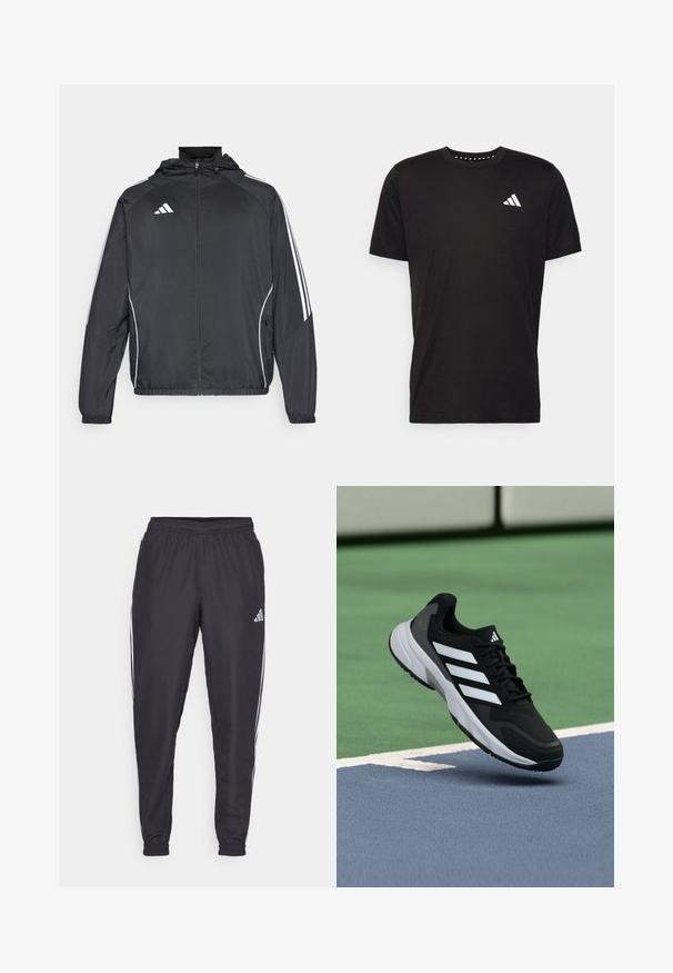 Sort atletisk jakke med hætte, med hvide striber langs ærmerne og lynlås foran. Lavet af et glat, let materiale.; Sort bomulds T-shirt med korte ærmer, rund hals og et hvidt logo på venstre bryst. Glat tekstur og enkelt design.; Svarte sportbukser med elastisk talje, med hvide striber langs siderne og et lille logo ved hoften. Glat tekstur.; Sort atletiksko med hvide striber, gummisål, mesh-overdel og grå accenter, vist svævende over grønne og blå baneflader.