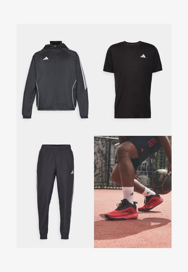 Juodas sportinis džemperis su kapišonu, turintis baltas juosteles palei rankoves ir užtrauktuką priekyje. Pagamintas iš lygaus, lengvo audinio.; Juodas medvilnės marškinėliai trumpomis rankovėmis, su apvalia iškirpte ir balta logo kairiajame krūtinės šone. Lygus tekstūra ir paprastas dizainas.; Juodi sportiniai kelnių su elastinga juosta, šoninėse pusėse yra baltos juostos, o ant klubų yra mažas logotipas. Lygi tekstūra.; adidas Performance OWN THE GAME 3 - Krepšinio batai - core black/red