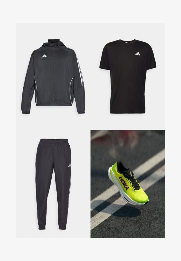 Musta urheilu takki hupulla, jossa on valkoiset raidat hihoissa ja vetoketjuzulu etupuolella. Valmistettu sileästä, kevyestä kankaasta.; Musta puuvillapaita lyhyillä hihoilla, pyöreä pääntie ja valkoinen logo vasemmassa rinnassa. Sujuva rakenne ja yksinkertainen muotoilu.; Mustat urheiluhousut elastisella vyötäröllä, joissa on valkoiset raidat sivuilla ja pieni logo lantion kohdalla. Sileä materiaali.; Hoka juoksukengät kirkkaassa neon keltaisessa verkkomateriaalissa, mustilla yksityiskohdilla ja valkoisella välipohjalla, joissa on virtaviivainen muotoilu ja teksturoitu pinta.