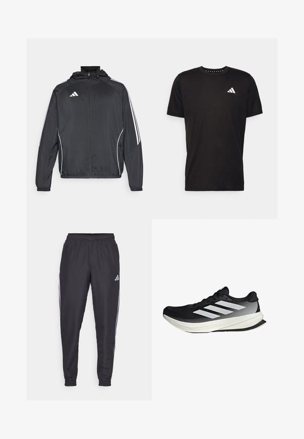 Veste de sport noire avec capuche, présentant des bandes blanches le long des manches et un devant zippé. Fabriquée en tissu léger et lisse.; T-shirt en coton noir à manches courtes, décolleté rond et logo blanc sur la poitrine gauche. Texture lisse et design simple.; Pantalons de sport noirs avec une taille élastique, présentant des rayures blanches sur les côtés et un petit logo sur la hanche. Texture lisse.; Chaussure de sport noire avec un design en maille, ornée de rayures blanches, à bout arrondi et avec une semelle texturée pour une meilleure adhérence et un soutien accru.