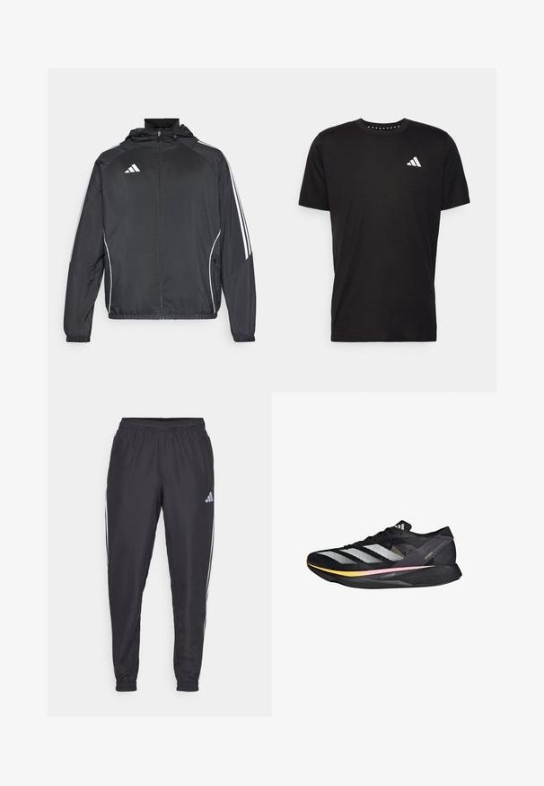 Fekete sportos dzseki kapucnival, fehér csíkokkal az ujjak mentén és cipzáras elülső résszel. Simább, könnyű anyagból készült.; Fekete pamut póló rövid ujjal, kerek nyakkivágással, bal mellrészen fehér logóval. Sima textúra és egyszerű dizájn.; Fekete sportnadrág elasztikus derékkal, oldalán fehér csíkokkal és egy apró logóval a csípőn. Sima textúra.; adidas Performance ADIZERO TAKUMI SEN 10 - Utcai futócipők - core black metalic spark