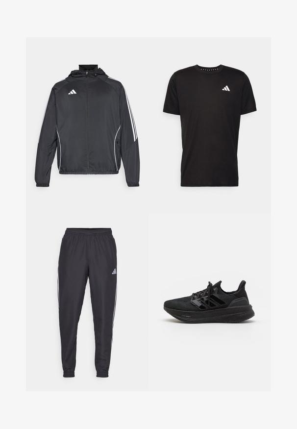 Black athletic jacket with a hood, featuring white stripes along the sleeves and a zippered front. Made from a smooth, lightweight fabric.; Black cotton t-shirt with short sleeves, crew neckline, and a white logo on the left chest. Smooth texture and simple design.; Black athletic pants with an elastic waistband, featuring white stripes along the sides and a small logo on the hip. Smooth texture.; Black athletic shoes with a textured knit upper, three glossy stripes, lightweight foam sole, and reinforced heel. Features lace-up design.