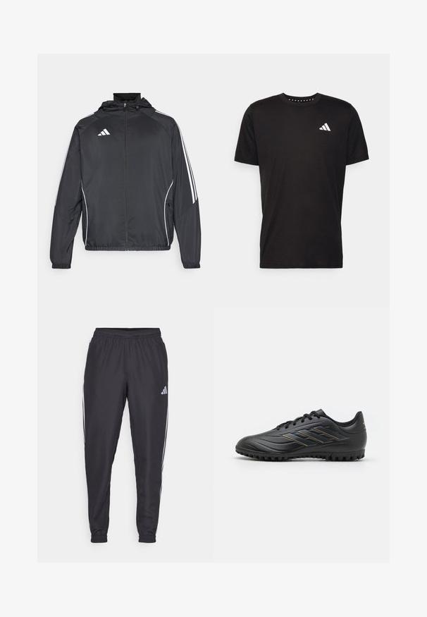 Chaqueta atlética negra con capucha, con rayas blancas a lo largo de las mangas y un cierre frontal con cremallera. Hecha de un tejido suave y ligero.; Camiseta de algodón negra con mangas cortas, cuello redondo y un logo blanco en el lado izquierdo del pecho. Textura suave y diseño sencillo.; Pantalones deportivos negros con cinturilla elástica, que presentan franjas blancas a lo largo de los lados y un pequeño logo en la cadera. Textura suave.; Zapatos de fútbol negros con un upper sintético liso, que presenta una suela texturizada, cordones planos y tres rayas metálicas doradas en el costado.