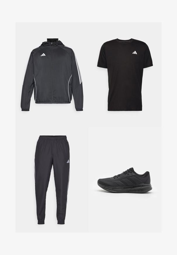 Black athletic jacket with a hood, featuring white stripes along the sleeves and a zippered front. Made from a smooth, lightweight fabric.; Black cotton t-shirt with short sleeves, crew neckline, and a white logo on the left chest. Smooth texture and simple design.; Black athletic pants with an elastic waistband, featuring white stripes along the sides and a small logo on the hip. Smooth texture.; Black athletic shoe with a mesh upper, rubber sole, textured design, and three stripes detail on the side. Foam cushioning for comfort.