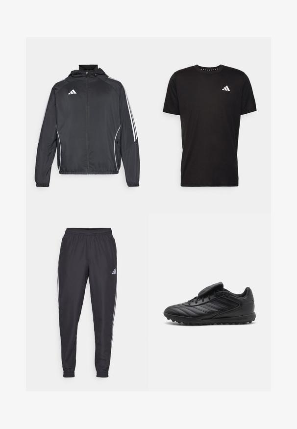 Czarna sportowa kurtka z kapturem, z białymi paskami wzdłuż rękawów i zasuwanym przodem. Wykonana z gładkiego, lekkiego materiału.; Czarna bawełniana koszulka z krótkim rękawem, okrągłym dekoltem i białym logo na lewej piersi. Gładka tekstura i prosty design.; Czarne spodnie sportowe z elastycznym paskiem w talii, z białymi paskami po bokach i małym logo na biodrze. Gładka faktura.; Czarne syntetyczne buty piłkarskie z teksturowanym wierzchem, z zapięciem na sznurowadła, wyściółką na języku oraz gumową podeszwą z kolcami zapewniającą przyczepność.