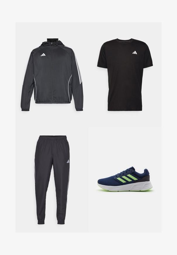 Czarna sportowa kurtka z kapturem, z białymi paskami wzdłuż rękawów i zasuwanym przodem. Wykonana z gładkiego, lekkiego materiału.; Czarna bawełniana koszulka z krótkim rękawem, okrągłym dekoltem i białym logo na lewej piersi. Gładka tekstura i prosty design.; Czarne spodnie sportowe z elastycznym paskiem w talii, z białymi paskami po bokach i małym logo na biodrze. Gładka faktura.; Granatowe siateczkowe buty do biegania z zielonymi akcentami, trzema białymi paskami, wyściełaną podeszwą oraz teksturowaną cholewką zapewniającą oddychalność i wsparcie.