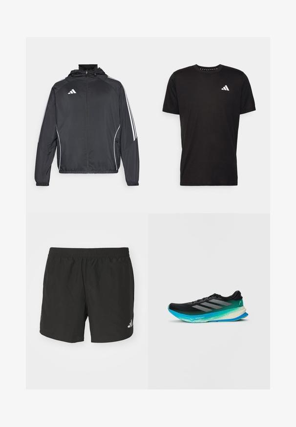 Melnā sporta jaka ar kapuci, ar baltām svītrām pa piedurknēm un ar rāvējslēdzēju priekšpusē. Izgatavota no gludas, vieglas auduma.; Melna kokvilnas t-krekls ar īsām piedurknēm, apaļu dekoltē un balto logo uz kreisā krūts. Gluda tekstūra un vienkāršs dizains.; Melnas sporta bikses ar elastīgu jostu, sānu šķeltnēm un atstarojošiem logo akcentiem. Izgatavotas no viegla, gluda auduma.; Melna skriešanas apavi ar gradienta akvāna zoli, sietveida augšdaļu un trim sudraba svītrām sānos. Viegls dizains ar teksturētu apdari.