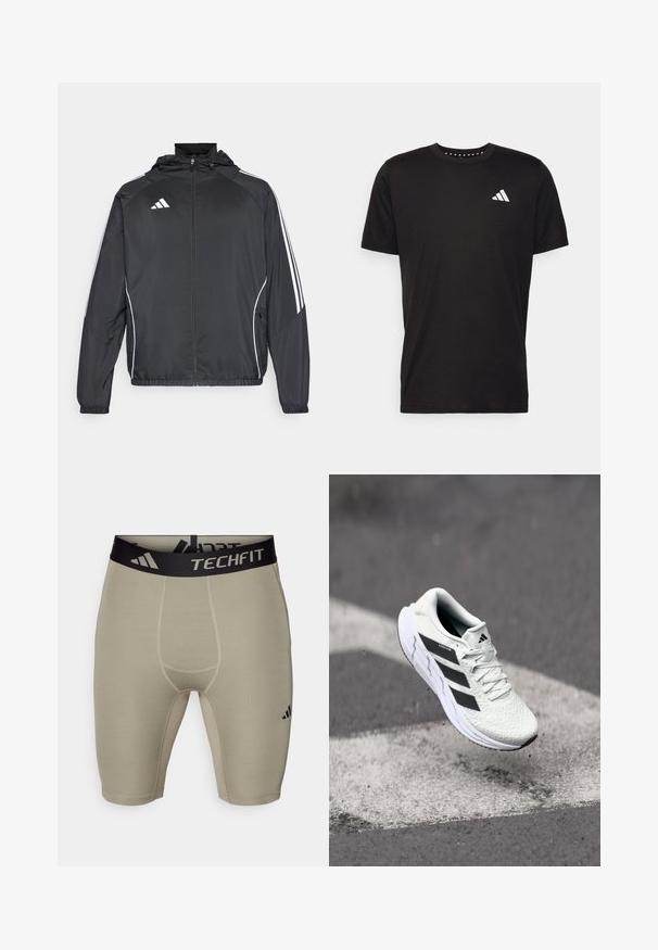 Giacca atletica nera con cappuccio, caratterizzata da strisce bianche lungo le maniche e chiusura con zip frontale. Realizzata in un tessuto liscio e leggero.; T-shirt in cotone nero con maniche corte, scollo rotondo e logo bianco sul lato sinistro del petto. Texture liscia e design semplice.; adidas Performance BASE SHORT - Leggings - silver pebble; Scarpa sportiva bianca con tomaia in rete testurizzata, strisce nere, chiusura con lacci e suola ammortizzata, che levita sopra una superficie stradale segnata.