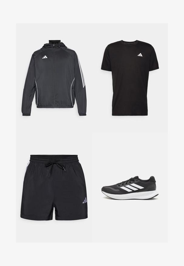 Svart sportsjakke med hette, med hvite striper langs ermene og glidelås foran. Laget av et glatt, lett stoff.; Svart bomulls t-skjorte med korte ermer, rund hals og en hvit logo på venstre bryst. Glatt tekstur og enkelt design.; Svarte idrettsshorts med elastisk midjebånd, snor og hvite sideaksenter. Har en liten grå logo på nederste venstre ben.; Svarte sportsko med pustende mesh-overdel, hvite detaljer og en polstret såle. Har tre striper-logo på siden.