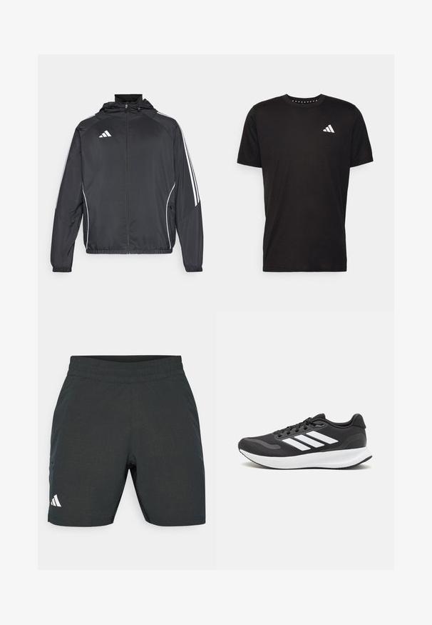 Črna športna jakna s kapuco, z belimi črtami ob rokavih in z zadrgo spredaj. Narejena iz gladkega, lahkega materiala.; Črna bombažna majica s kratkimi rokavi, okroglim izrezom in belim logotipom na levem prsnem predelu. Gladka tekstura in preprost dizajn.; Črne atletske kratke hlače z teksturiranim vzorcem, elastičnim pasom in stranskimi žepi. Na spodnji levi strani je bel logo.; Črne športne čevlje z zračnim mrežastim zgornjim delom, belimi akcenti in oblazinjeno podplatom. Imajo tri črte logo na strani.