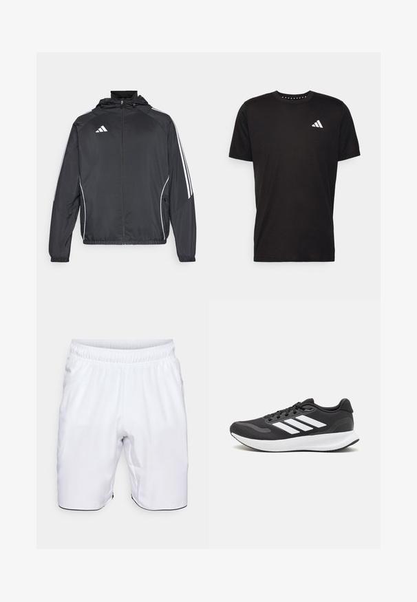 Crna atletska jakna s kapuljačom, s bijelim prugama duž rukava i zatvaranjem na zip. Izrađena od glatkog, laganog materijala.; Crna pamučna majica s kratkim rukavima, okruglim izrezom i bijelim logotipom na lijevoj strani prsnog koša. Glatka tekstura i jednostavan dizajn.; Bijele atletske kratke hlače napravljene od lagane tkanine. Imaju elastičnu struk i bočne džepove, sa kontrastnim crnim obrubom na rubu.; Crne atletske tenisice s prozračnom mrežicom na gornjem dijelu, bijelim akcentima i mekanim potplatom. Imaju logo s tri pruge sa strane.