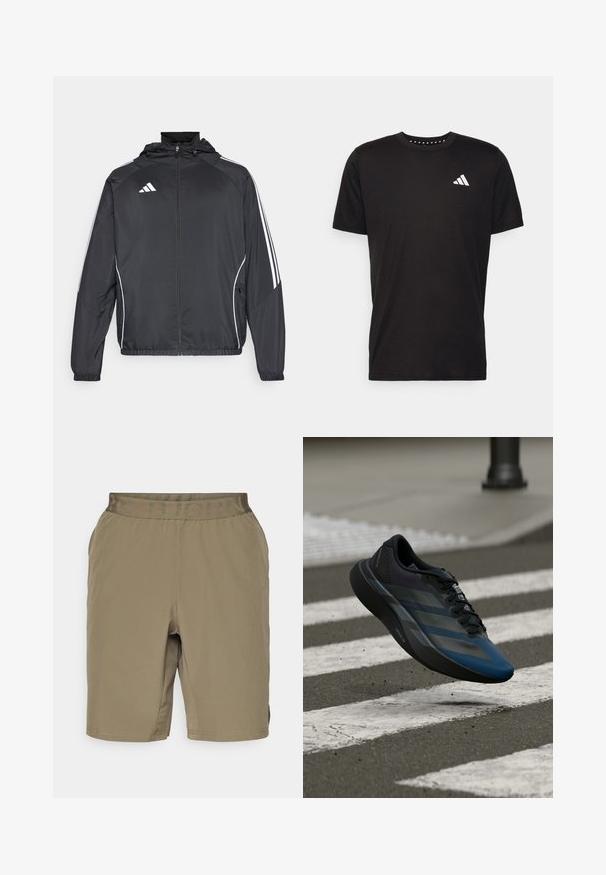 Črna športna jakna s kapuco, z belimi črtami ob rokavih in z zadrgo spredaj. Narejena iz gladkega, lahkega materiala.; Črna bombažna majica s kratkimi rokavi, okroglim izrezom in belim logotipom na levem prsnem predelu. Gladka tekstura in preprost dizajn.; Khaki kratke hlače z mehkobo, elastičnim pasom z napisom "BJORN" v tonirani barvi ter stranskimi prezračevalnimi odprtinami.; Črno in modro atletsko čevlje z aerodinamičnim dizajnom, teksturirano zgornjo plastjo, kontrastnimi črtami ter oblazinjeno podplatom, ki lebdi nad asfaltom.