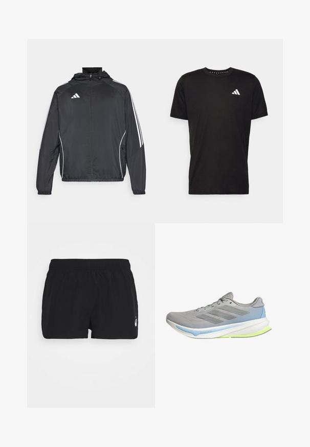 Fekete sportos dzseki kapucnival, fehér csíkokkal az ujjak mentén és cipzáras elülső résszel. Simább, könnyű anyagból készült.; Fekete pamut póló rövid ujjal, kerek nyakkivágással, bal mellrészen fehér logóval. Sima textúra és egyszerű dizájn.; Fekete sportnadrág elasztikus derékkal. Könnyű anyagból készült. Az alsó szegélyén fehér logóval rendelkezik. Egyszerű, funkcionális dizájn.; Könnyű futócipő szürke hálós anyagból, kék és lime zöld kiegészítőkkel. Görbült talppal, struktúrált mintával és hat fűzőlyukkal rendelkezik.