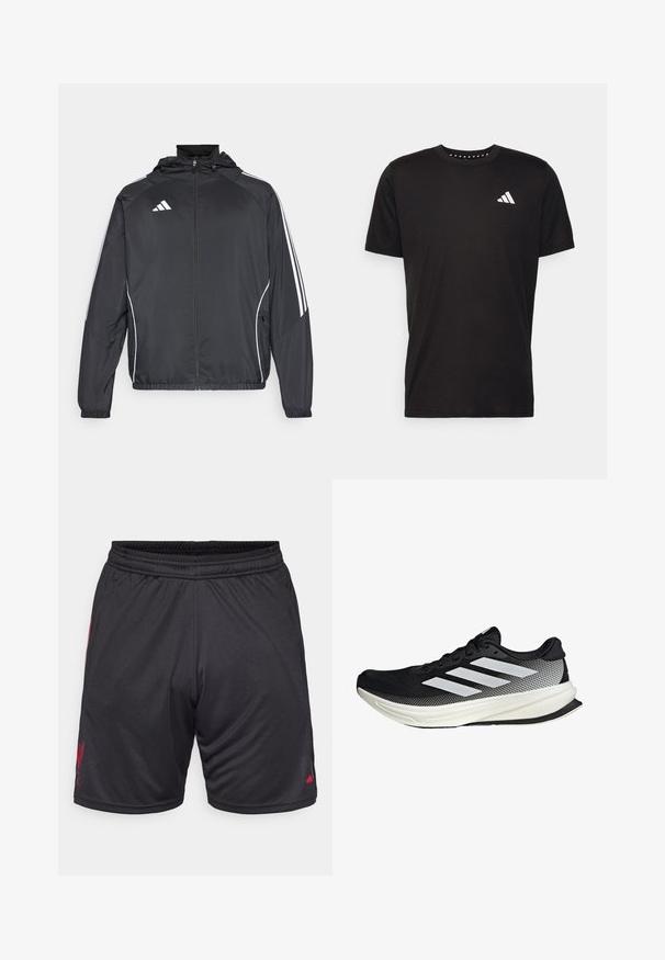 Černá sportovní bunda s kapucí, s bílými pruhy podél rukávů a s předním zipem. Vyrobena z hladkého, lehkého materiálu.; Černé bavlněné tričko s krátkým rukávem, kulatým výstřihem a bílým logem na levé hrudi. Hladká textura a jednoduchý design.; Černé sportovní šortky s elastickým páskem, na boku s červeným logem a hladkým, lehkým materiálem. Bez viditelných kapes.; Černá sportovní boty s síťovaným designem, s bílými pruhy, zaoblenou špičkou a texturovanou podrážkou pro lepší přilnavost a oporu.