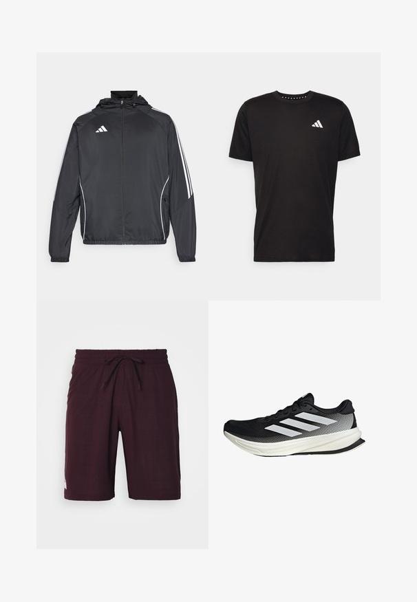 Veste de sport noire avec capuche, présentant des bandes blanches le long des manches et un devant zippé. Fabriquée en tissu léger et lisse.; T-shirt en coton noir à manches courtes, décolleté rond et logo blanc sur la poitrine gauche. Texture lisse et design simple.; Shorts bordeaux en tissu texturé, avec une taille élastique et un cordon de serrage, ainsi qu'un petit logo blanc en bas de l'ourlet.; Chaussure de sport noire avec un design en maille, ornée de rayures blanches, à bout arrondi et avec une semelle texturée pour une meilleure adhérence et un soutien accru.