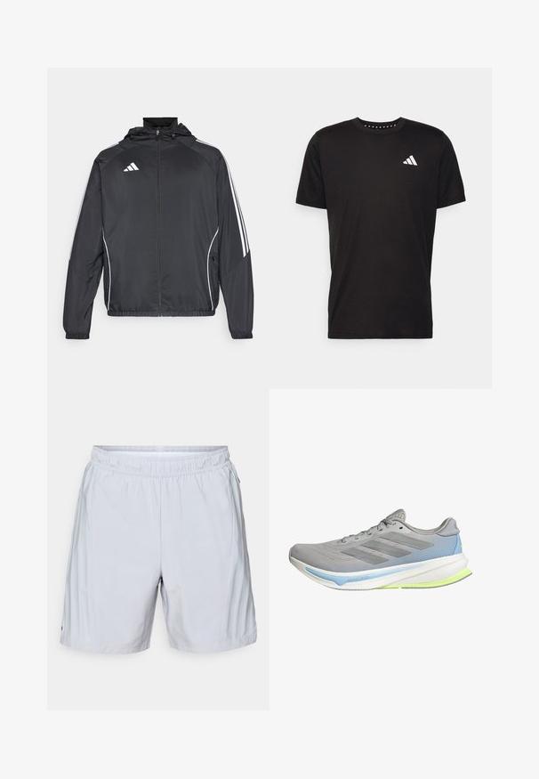 Schwarze Sportjacke mit Kapuze, ausgestattet mit weißen Streifen an den Ärmeln und einem Reißverschluss vorne. Hergestellt aus einem glatten, leichten Stoff.; Schwarzes Baumwoll-T-Shirt mit kurzen Ärmeln, Rundhalsausschnitt und einem weißen Logo auf der linken Brust. Glatte Textur und einfaches Design.; adidas Performance SHORT - Kurze Sporthose - halo silver; Leichte Laufschuhe aus grauem Mesh mit blauen und limonengrünen Akzenten. Sie verfügen über eine gebogene Sohle, ein strukturiertes Muster und sechs Ösen für die Schnürsenkel.