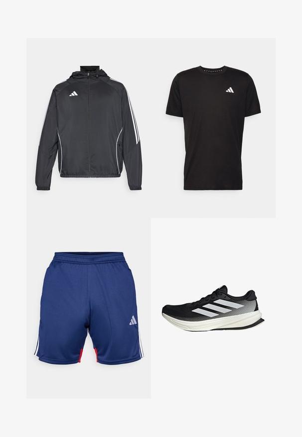 Czarna sportowa kurtka z kapturem, z białymi paskami wzdłuż rękawów i zasuwanym przodem. Wykonana z gładkiego, lekkiego materiału.; Czarna bawełniana koszulka z krótkim rękawem, okrągłym dekoltem i białym logo na lewej piersi. Gładka tekstura i prosty design.; Granatowe szorty sportowe z białymi i czerwonymi akcentami, z elastycznym pasem i logo Adidas po dolnej stronie. Gładka faktura materiału.; Czarny but sportowy z siateczkowym wzorem, z białymi paskami, zaokrąglonym noskiem i teksturowaną podeszwą dla lepszej przyczepności i wsparcia.