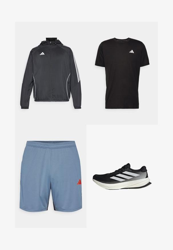 Černá sportovní bunda s kapucí, s bílými pruhy podél rukávů a s předním zipem. Vyrobena z hladkého, lehkého materiálu.; Černé bavlněné tričko s krátkým rukávem, kulatým výstřihem a bílým logem na levé hrudi. Hladká textura a jednoduchý design.; Světle modré sportovní šortky s černými bočními akcenty, elastickým pasem a oranžovým logem Adidas. Vyrobené z hladkého, lehkého materiálu.; Černá sportovní boty s síťovaným designem, s bílými pruhy, zaoblenou špičkou a texturovanou podrážkou pro lepší přilnavost a oporu.