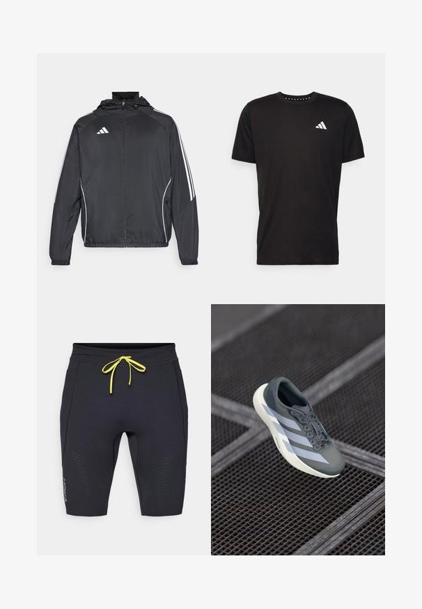 Juodas sportinis džemperis su kapišonu, turintis baltas juosteles palei rankoves ir užtrauktuką priekyje. Pagamintas iš lygaus, lengvo audinio.; Juodas medvilnės marškinėliai trumpomis rankovėmis, su apvalia iškirpte ir balta logo kairiajame krūtinės šone. Lygus tekstūra ir paprastas dizainas.; Juodi sportiniai šortai su prigludusiu dizainu. Pasižymi geltonu raišteliu, perforuotais akcentais šonuose ir HOKA logotipu šalia apatinio krašto.; Sportiniai batai pilkos ir baltos spalvos, pagaminti iš sintetinės medžiagos, su srauniu dizainu, tekstūruota danga ir ryškiu raištelių sistemu.