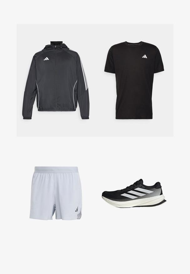 Čierna športová bunda s kapucňou, ktorá má biele pruhy pozdĺž rukávov a zips v prednej časti. Vyrobená z hladkej, ľahkej tkaniny.; Čierne bavlnené tričko s krátkymi rukávmi, klasickým výstrihom a bielym logom na ľavej strane hrude. Hladká textúra a jednoduchý dizajn.; Svetlošedé športové šortky vyrobené z priedušnej textílie, s textúrovaným dizajnom, elastickým pásom a čiernym logom na boku.; Čierna atletická topánka s dizajnom z mriežky, s bielymi prúžkami, zaoblenou špičkou a textúrovanou podrážkou pre lepšiu priľnavosť a podporu.