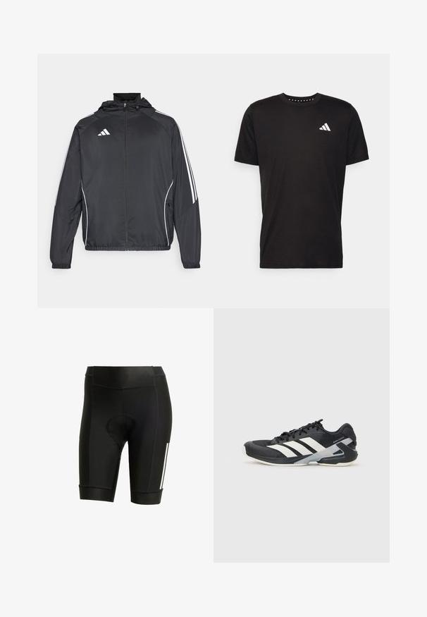Crna atletska jakna s kapuljačom, s bijelim prugama duž rukava i zatvaranjem na zip. Izrađena od glatkog, laganog materijala.; Crna pamučna majica s kratkim rukavima, okruglim izrezom i bijelim logotipom na lijevoj strani prsnog koša. Glatka tekstura i jednostavan dizajn.; Crne biciklističke kratke hlače s podstavljenim sjedištem, izrađene od rastezljivog materijala. Imaju elegantan dizajn s bijelim trakama i ravnim šavovima.; Crne atletske cipele s bijelim prugama, mrežasta gornja strana, zaobljeni prst i podstavljeni đon. Imaju teksturiranu petu i siguran sustav vezivanja.