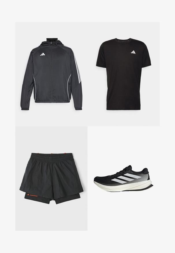 Musta urheilu takki hupulla, jossa on valkoiset raidat hihoissa ja vetoketjuzulu etupuolella. Valmistettu sileästä, kevyestä kankaasta.; Musta puuvillapaita lyhyillä hihoilla, pyöreä pääntie ja valkoinen logo vasemmassa rinnassa. Sujuva rakenne ja yksinkertainen muotoilu.; Mustat urheilushortsit, joissa on elastinen vyötärö, sisävuori ja rei'itetyt sivupaneelit. Alarajassa on oranssia brändäystä.; Musta urheilukengä, jossa on verkkomaisia yksityiskohtia, valkoiset raidat, pyöristetty kärki ja pintakuvioitu pohja pidon ja tuen tarjoamiseksi.