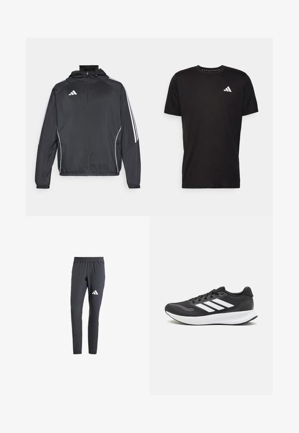 Must värvi sportlik jakk kapuutsiga, millel on valged triibud varrukatel ja lukuga esiosa. Valmistatud siledast, kergest kangast.; Must must ka t-särk lühikeste varrukatega, ümmarguse kaelusega ja valge logoga vasakul rinnal. Sile tekstuur ja lihtne disain.; Hallid hallid sportlikud püksid kitsas sobivuses, elastse vöökoha ja valge kolme triibu logoga vasakul reiel. Valmistatud kergest kangast.; Mustmust valmistatud õhulise võrgu ülemise osa, valgete aktsentidega ja pehme tallaga must sportlik king. Küljel on kolm triipu kujutav logo.