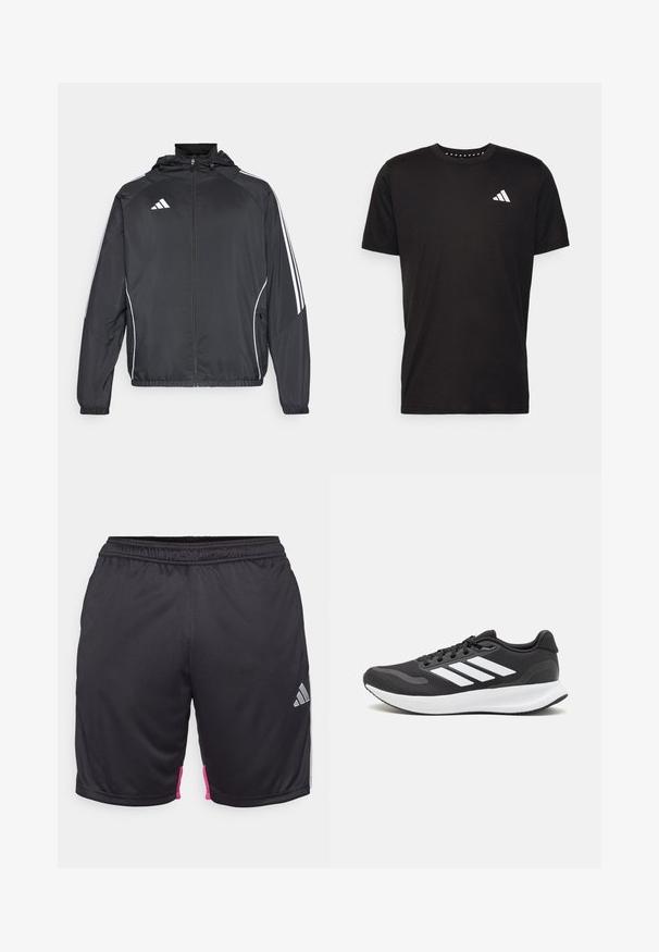 Melnā sporta jaka ar kapuci, ar baltām svītrām pa piedurknēm un ar rāvējslēdzēju priekšpusē. Izgatavota no gludas, vieglas auduma.; Melna kokvilnas t-krekls ar īsām piedurknēm, apaļu dekoltē un balto logo uz kreisā krūts. Gluda tekstūra un vienkāršs dizains.; Melni sporta šorti ar elastīgu jostasvietu, rozā akcenti sānos un sudraba Adidas logo apakšējā labajā priekšpusē.; Melnas sporta kurpes ar elpojošu acs augšu, baltām akcentiem un mīkstu zoli. Sānā ir trīs svītru logo.