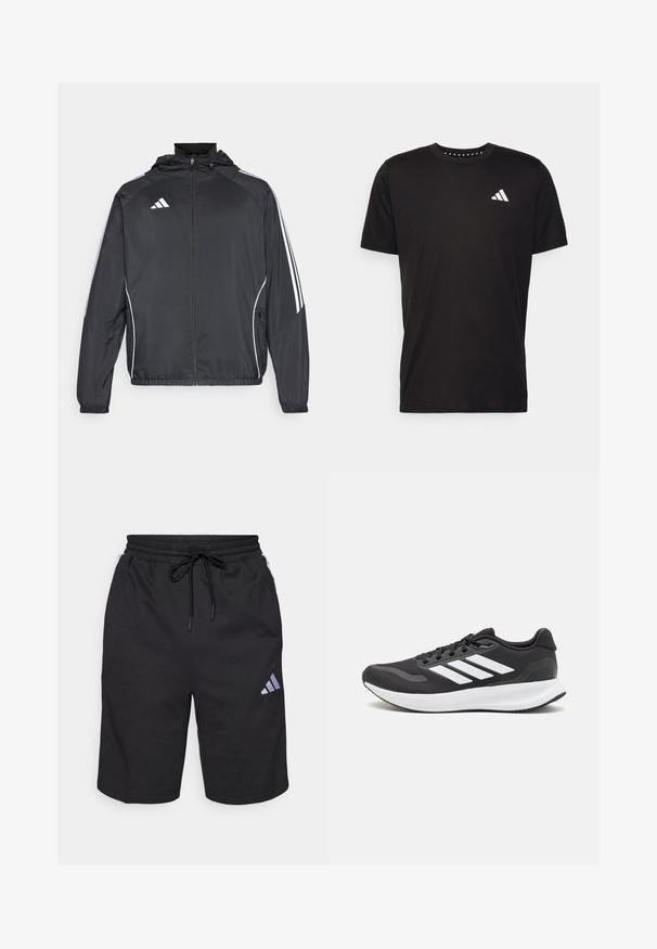 Melnā sporta jaka ar kapuci, ar baltām svītrām pa piedurknēm un ar rāvējslēdzēju priekšpusē. Izgatavota no gludas, vieglas auduma.; Melna kokvilnas t-krekls ar īsām piedurknēm, apaļu dekoltē un balto logo uz kreisā krūts. Gluda tekstūra un vienkāršs dizains.; Melnas sportiskas šortos, kas izgatavoti no mīkstas, elpojošas auduma. Iezīmēta ar elastīgu jostu ar auklu un izteiksmīgu diagonālu logo.; Melnas sporta kurpes ar elpojošu acs augšu, baltām akcentiem un mīkstu zoli. Sānā ir trīs svītru logo.