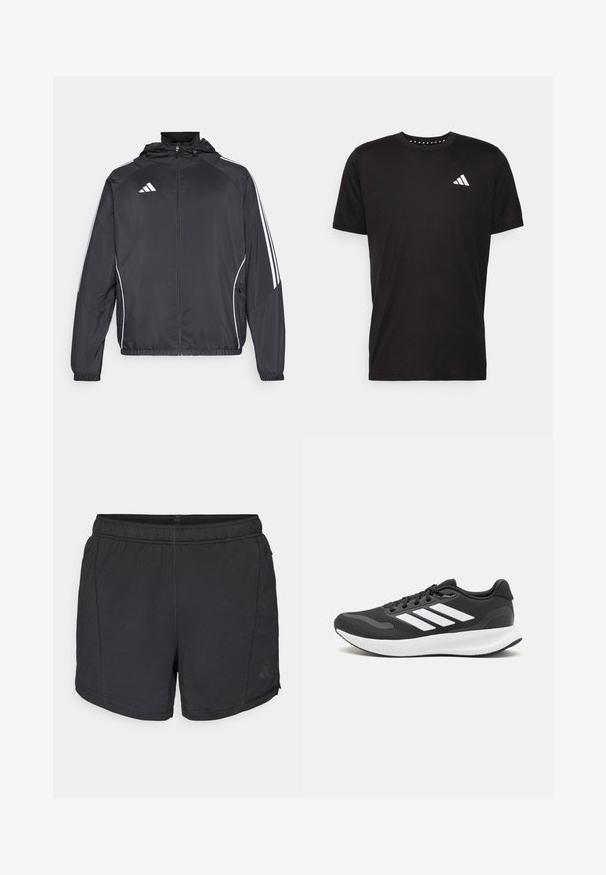 Must värvi sportlik jakk kapuutsiga, millel on valged triibud varrukatel ja lukuga esiosa. Valmistatud siledast, kergest kangast.; Must must ka t-särk lühikeste varrukatega, ümmarguse kaelusega ja valge logoga vasakul rinnal. Sile tekstuur ja lihtne disain.; Mustad mustad lühikesed püksid elastse vööga ja diskreetse Adidas'i logo vasakul jalal, esitlemine ühtlases valges taustal.; Mustmust valmistatud õhulise võrgu ülemise osa, valgete aktsentidega ja pehme tallaga must sportlik king. Küljel on kolm triipu kujutav logo.