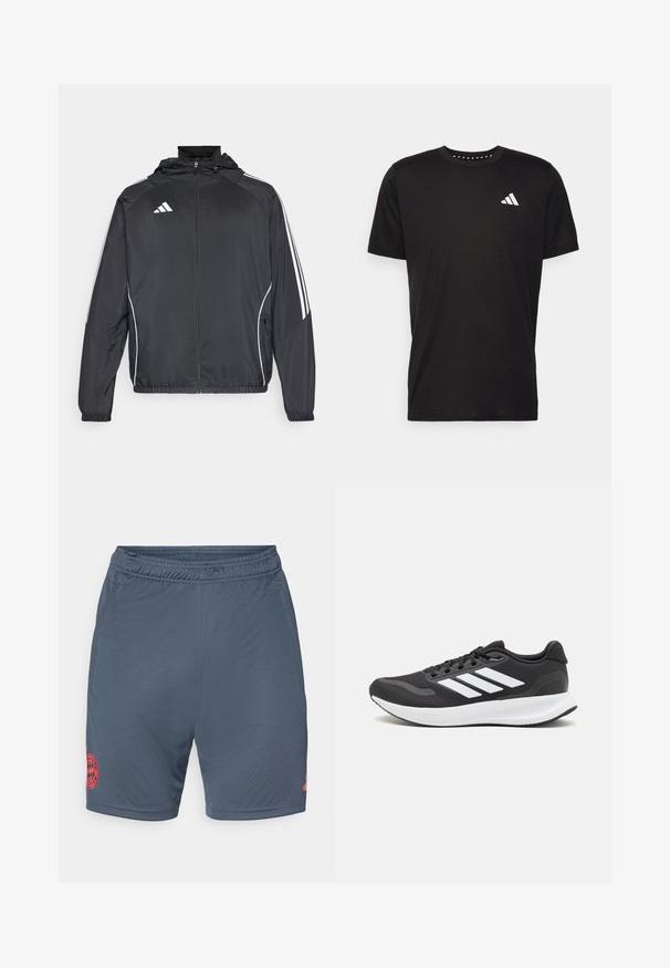 Chaqueta atlética negra con capucha, con rayas blancas a lo largo de las mangas y un cierre frontal con cremallera. Hecha de un tejido suave y ligero.; Camiseta de algodón negra con mangas cortas, cuello redondo y un logo blanco en el lado izquierdo del pecho. Textura suave y diseño sencillo.; Pantalones cortos de fútbol grises con cintura elástica, que presentan un logo bordado de Bayern Múnich en color rojo en la parte inferior izquierda. Tejido suave y ligero.; Zapatilla deportiva negra con parte superior de malla transpirable, acentos en blanco y una suela acolchada. Presenta el logo de tres rayas en el costado.