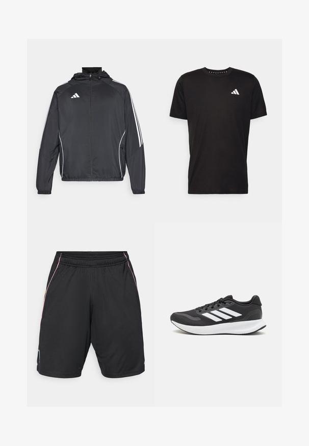 Black athletic jacket with a hood, featuring white stripes along the sleeves and a zippered front. Made from a smooth, lightweight fabric.; Black cotton t-shirt with short sleeves, crew neckline, and a white logo on the left chest. Smooth texture and simple design.; Black athletic shorts with an elastic waistband, featuring pink and yellow side accents and a small blue logo on the left hem.; Black athletic shoe with breathable mesh upper, white accents, and a cushioned sole. Features three stripes logo on the side.