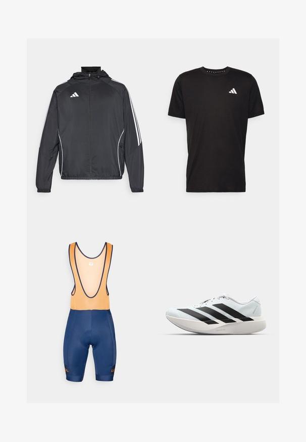 Black athletic jacket with a hood, featuring white stripes along the sleeves and a zippered front. Made from a smooth, lightweight fabric.; Black cotton t-shirt with short sleeves, crew neckline, and a white logo on the left chest. Smooth texture and simple design.; Blue cycling bib shorts with orange mesh straps, padded seat, and contrasting logo detail. Features a form-fitting design and smooth texture.; Lightweight running shoes in pale blue with black stripes. Features a smooth upper, round toe, and thick white midsole labeled "LIGHTSTRIKE PRO."