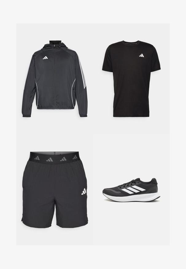 Juodas sportinis džemperis su kapišonu, turintis baltas juosteles palei rankoves ir užtrauktuką priekyje. Pagamintas iš lygaus, lengvo audinio.; Juodas medvilnės marškinėliai trumpomis rankovėmis, su apvalia iškirpte ir balta logo kairiajame krūtinės šone. Lygus tekstūra ir paprastas dizainas.; Juodi sportiniai šortai, pagaminti iš lengvų audinių. Siūlo elastingą juostos dizainą su raštuotu logotipu ir mažu baltu logotipu kairėje pusėje.; Juodas sportinis batelis su orui pralaidžia mėgintuvėliu, baltomis akcentais ir paminkštintu padu. Šone yra trijų juostų logotipas.