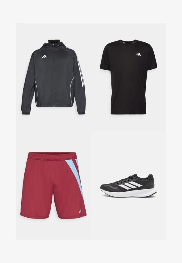 Črna športna jakna s kapuco, z belimi črtami ob rokavih in z zadrgo spredaj. Narejena iz gladkega, lahkega materiala.; Črna bombažna majica s kratkimi rokavi, okroglim izrezom in belim logotipom na levem prsnem predelu. Gladka tekstura in preprost dizajn.; Burgundski športni kratki hlače z svetlo modrimi stranskimi črtami, elastičnim pasom in gladko teksturo, zasnovani za udobje in fleksibilnost pri gibanju.; Črne športne čevlje z zračnim mrežastim zgornjim delom, belimi akcenti in oblazinjeno podplatom. Imajo tri črte logo na strani.