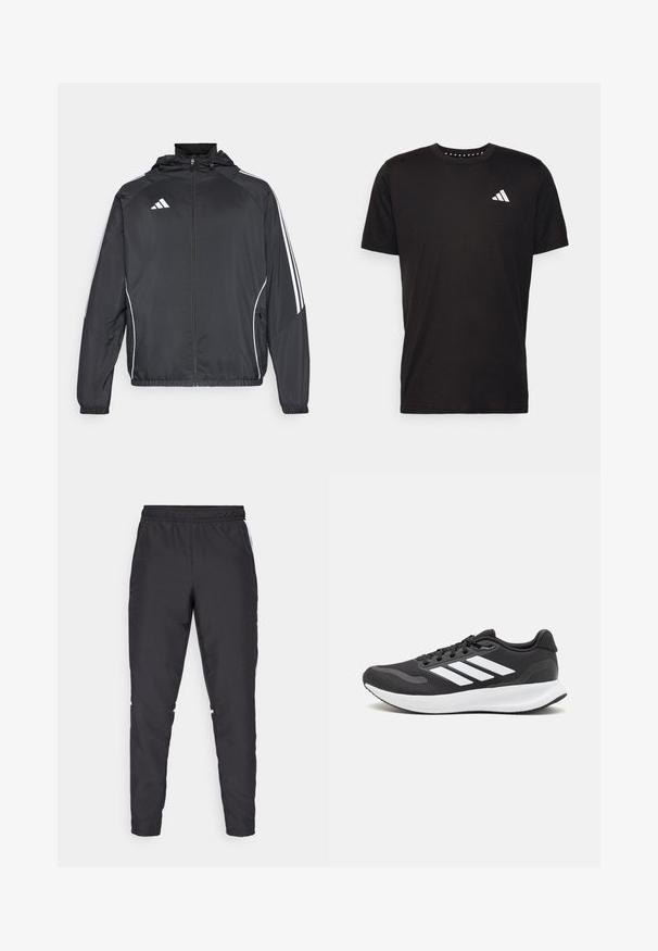 Fekete sportos dzseki kapucnival, fehér csíkokkal az ujjak mentén és cipzáras elülső résszel. Simább, könnyű anyagból készült.; Fekete pamut póló rövid ujjal, kerek nyakkivágással, bal mellrészen fehér logóval. Sima textúra és egyszerű dizájn.; Fekete sportnadrág, rugalmas derékkal, szűkített szárakkal és fehér oldalszegésekkel. Szinétikus anyagból készült, sima tapintással.; Fekete sportcipő légáteresztő hálós felsőrésszel, fehér kiegészítőkkel és párnázott talppal. Az oldalon három csíkkal ellátott logó található.