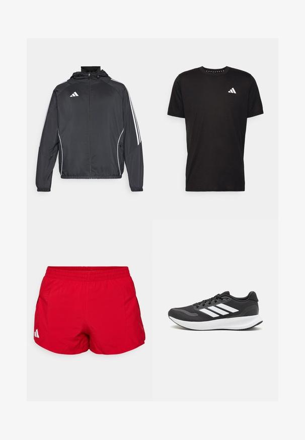 Zwarte sportjack met capuchon, voorzien van witte strepen langs de mouwen en een ritssluiting aan de voorkant. Gemaakt van een gladde, luchtige stof.; Zwarte katoenen t-shirt met korte mouwen, ronde hals en een wit logo op de linkerkant van de borst. Gladde textuur en eenvoudig ontwerp.; Rode sportieve shorts gemaakt van lichtgewicht stof met een elastische tailleband. Beschikt over zijzakken en een witte logo-accent bij de zoom.; Zwart sportief schoen met ademend mesh bovenwerk, witte accenten en een gevoerde zool. Beschikt over een logo met drie strepen aan de zijkant.