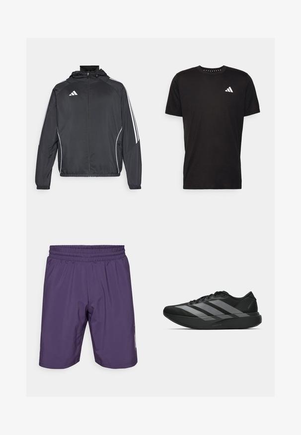 Fekete sportos dzseki kapucnival, fehér csíkokkal az ujjak mentén és cipzáras elülső résszel. Simább, könnyű anyagból készült.; Fekete pamut póló rövid ujjal, kerek nyakkivágással, bal mellrészen fehér logóval. Sima textúra és egyszerű dizájn.; Lila sportnadrág, rugalmas derékkal, sima textúrával és oldalsó díszítéssel. Középhosszú, a comb közepéig ér, és egyszerű dizájnnal rendelkezik.; Fekete sportcipők könnyű kialakítással, három kiemelkedő szürke csíkkal, sima textúrával és kontúros talppal.