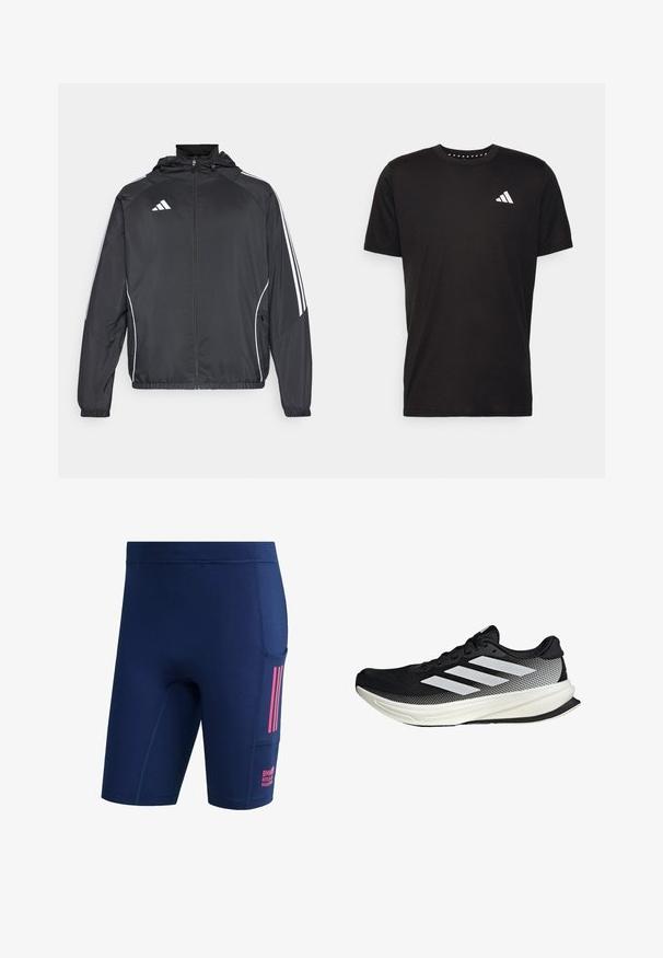 Schwarze Sportjacke mit Kapuze, ausgestattet mit weißen Streifen an den Ärmeln und einem Reißverschluss vorne. Hergestellt aus einem glatten, leichten Stoff.; Schwarzes Baumwoll-T-Shirt mit kurzen Ärmeln, Rundhalsausschnitt und einem weißen Logo auf der linken Brust. Glatte Textur und einfaches Design.; Marineblaue Sportshorts mit einer Seitentasche, pinken Streifen und dem Text "BMW Berlin Marathon" im Taschenbereich.; Schwarzer Sportschuh mit einem Mesh-Design, ausgestattet mit weißen Streifen, einer runden Zehenpartie und einer strukturierten Sohle für Grip und Unterstützung.