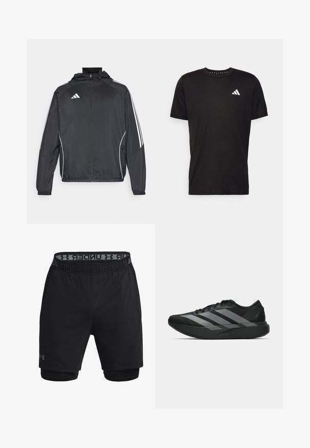 Crna atletska jakna s kapuljačom, s bijelim prugama duž rukava i zatvaranjem na zip. Izrađena od glatkog, laganog materijala.; Crna pamučna majica s kratkim rukavima, okruglim izrezom i bijelim logotipom na lijevoj strani prsnog koša. Glatka tekstura i jednostavan dizajn.; Crne atletske kratke hlače s prilagođenim unutarnjim slojem, elastičnim pojasom s nazivom marke i glatkim, laganim materijalom.; Crne atletske tenisice s laganim dizajnom, koje imaju tri istaknute sive pruge, glatku teksturu i oblikovanu pogodnu potplat.