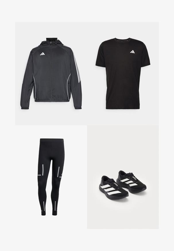 Černá sportovní bunda s kapucí, s bílými pruhy podél rukávů a s předním zipem. Vyrobena z hladkého, lehkého materiálu.; Černé bavlněné tričko s krátkým rukávem, kulatým výstřihem a bílým logem na levé hrudi. Hladká textura a jednoduchý design.; Černé sportovní legíny s přiléhavým střihem, vyrobené z elastického materiálu; mají reflexní pruhy po stranách pro lepší viditelnost.; Pár černých běžeckých bot Adidas Adizero s bílými pruhy a tkaničkami na bílém pozadí, umístěný vedle sebe.