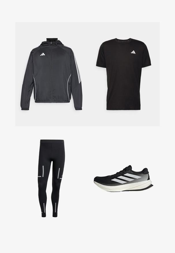 Zwarte sportjack met capuchon, voorzien van witte strepen langs de mouwen en een ritssluiting aan de voorkant. Gemaakt van een gladde, luchtige stof.; Zwarte katoenen t-shirt met korte mouwen, ronde hals en een wit logo op de linkerkant van de borst. Gladde textuur en eenvoudig ontwerp.; Zwarte sportleggings met een aansluitend ontwerp, gemaakt van rekbaar materiaal; voorzien van reflecterende strepen langs de zijkant voor zichtbaarheid.; Zwarte sportieve schoen met een mesh ontwerp, voorzien van witte strepen, een ronde neus en een gestructureerde zool voor grip en ondersteuning.