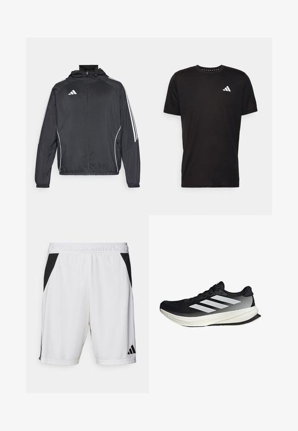 Černá sportovní bunda s kapucí, s bílými pruhy podél rukávů a s předním zipem. Vyrobena z hladkého, lehkého materiálu.; Černé bavlněné tričko s krátkým rukávem, kulatým výstřihem a bílým logem na levé hrudi. Hladká textura a jednoduchý design.; Bílé sportovní šortky s černým bočním panelem, elastickým pasem a logem Adidas na dolní pravé noze. Vyrobeno z lehkého materiálu.; Černá sportovní boty s síťovaným designem, s bílými pruhy, zaoblenou špičkou a texturovanou podrážkou pro lepší přilnavost a oporu.