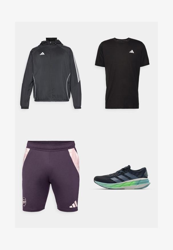 Veste de sport noire avec capuche, présentant des bandes blanches le long des manches et un devant zippé. Fabriquée en tissu léger et lisse.; T-shirt en coton noir à manches courtes, décolleté rond et logo blanc sur la poitrine gauche. Texture lisse et design simple.; Shorts de sport violets avec des panneaux latéraux rose clair, taille élastique et logo imprimé. Fabriqués en matériau lisse et extensible.; Baskets de sport noires et bleues avec tige en mesh, trois bandes blanches, semelle translucide verte et motif texturé notable. Design léger.